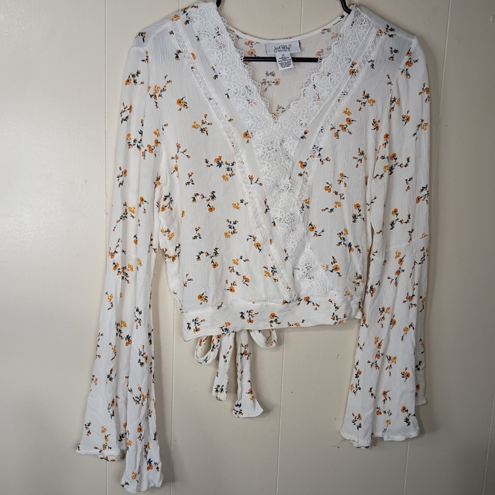 Boho Floral Lace-Trim Wrap Blouse in White and Yellow